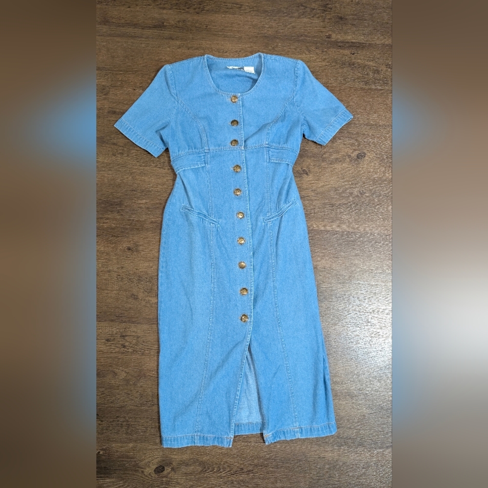 Women's Sunshine Starshine Denim Blue Jean Dress 100% Cotton Size 12 Button Up